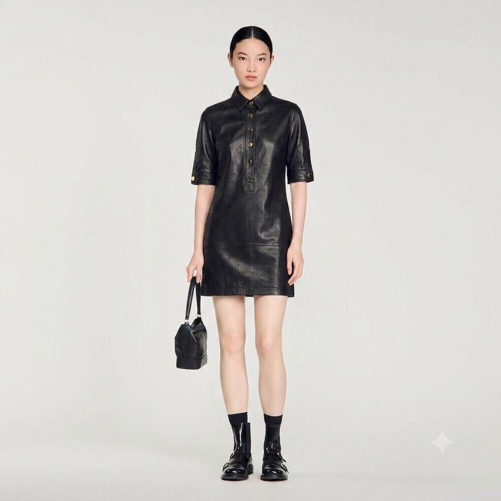 Sandro Paris Black 100% Lamb Leather Button Front Shirt Dress